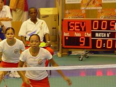 Ladies� singles� bronze medallist Catherina Paulin (foreground). She is pictured here with Juliette Ah-Wan in the ladies� doubles 